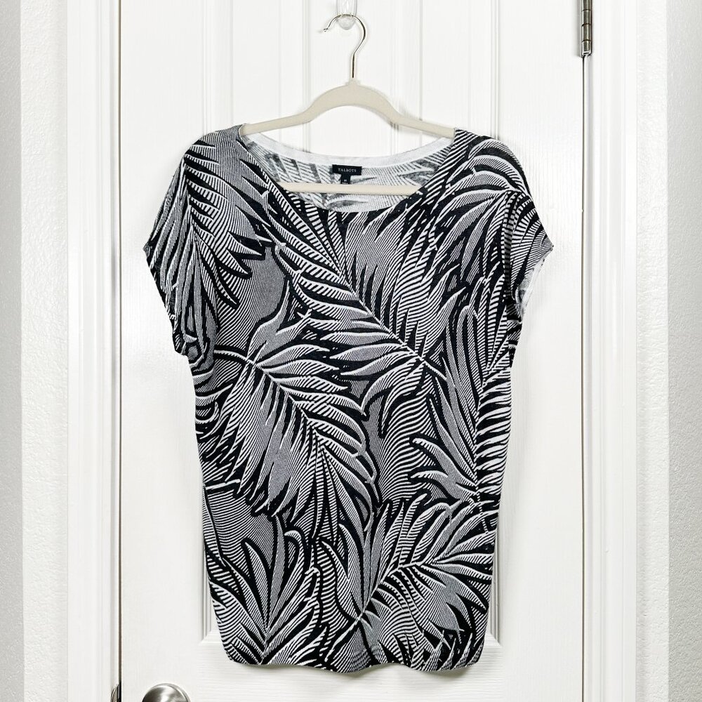 Talbots Linen Pullover Women’s M Black White Palm Print Round Neck Cap Sleeve